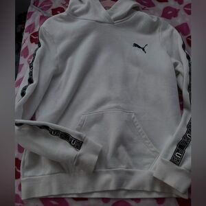 Puma White Hoodie with Black Logo and Sleeve Tape